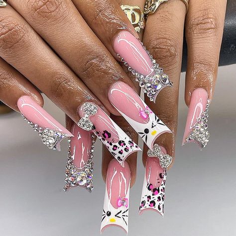 24pcs Long Press on Nails HelloKitty Design with Rhinestones Acyrlic False Nails Coffin White French Press On Nails Long, Long Press On Nails, Duck Nails, Girly Acrylic Nails, Dope Nail Designs, Hello Kitty Nails, Exotic Nails, Unique Acrylic Nails, Long Square Acrylic Nails