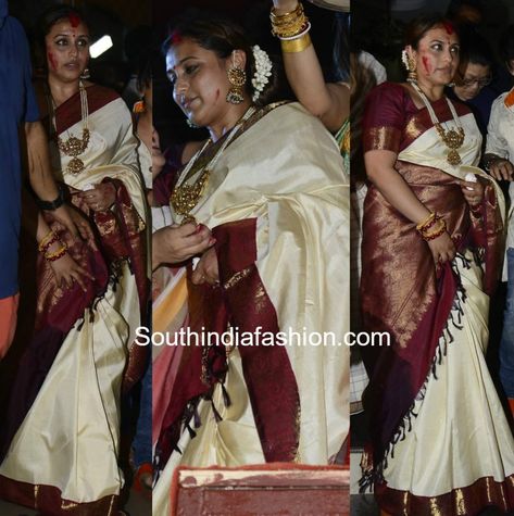 Rani Mukherjee made an another appearance at the Durga Puja mandal wearing a classic cream and maroon combination Kanjeevaram silk saree. White Kanjeevaram Saree, Maroon Combination, Kanjeevaram Silk Saree, Engagement Saree, Rani Mukherjee, Maroon Saree, Designer Sarees Wedding, Saree Draping, Indian Bride Outfits