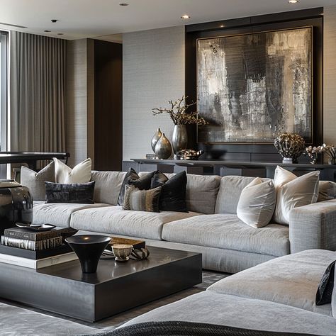 Fancy House Decor, Grey Sofa Luxury Living Room, Charcoal Sofa Living Room Decor, Moody Modern Living Room, Gray Living Room Ideas, Grey Living Room Ideas, Contemporary Transitional Living Room, Minimalist Living Room Apartment, Luxury Bedroom Furniture