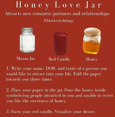 Honey Jar For Love, Hoodoo Honey Jar Spell, Honey Jar Spell Love, Red Candle Spells Love, Honey Spells Jars, Red Candle Love Spell, Sweetening Spells, Come To Me Oil Recipe, Honey Spell