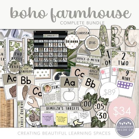 This Boho Farmhouse style complete classroom bundle is the perfect way to create a stunning, modern and organized classroom. Complete with everything you need to create your perfect displays, keep all your files and resources organized and create a classroom you and your learners will be super proud of. The complete bundle of customizable classroom displays in a rustic boho farmhouse theme will bring calm and style to your classroom. Using a stunning earthy toned color palette, this classroom Boho Bulletin Board Ideas, Natural Classroom Decor, Rustic Classroom Decor, Boho Farmhouse Style, Natural Classroom, Modern Teacher, Farmhouse Classroom, Organized Classroom, Farmhouse Theme