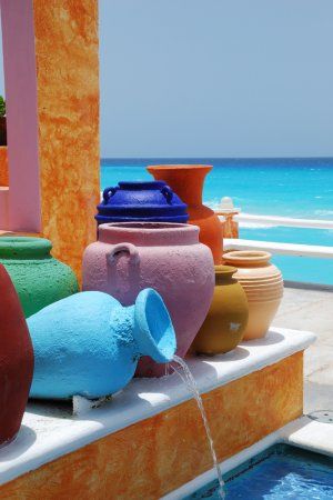 Colorful mexican pots. Mexican Clay Pots, Santorini Greece, Bougainvillea, Mexican Style, World Of Color, Clay Pots, Color Of Life, Santorini, Color Inspiration