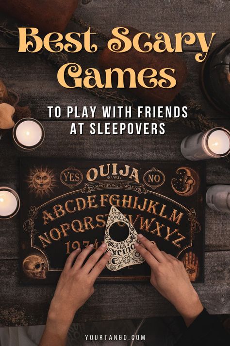 Best Scary Games To Play With Friends At Sleepovers | YourTango #halloween #horror Rituals To Do With Friends, Horror Movie Game Ideas, Games To Play On Halloween, Halloween Video Ideas, Teen Halloween Sleepover Ideas, Creepy Games To Play At A Sleepover, Scary Games To Play In The Dark, Horror Activities, Paranormal Games To Play With Friends