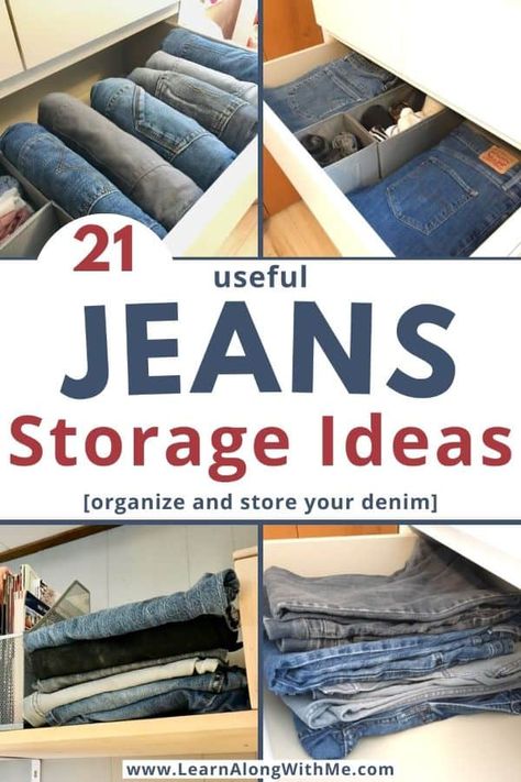 Organizing Jeans In Drawer, Organisation, Organize Jeans In Drawer, Pants Storage Ideas Small Spaces, How To Store Jeans In Drawer, Organizing Jeans In Closet Ideas Shelves, Sweatpants Storage Ideas, Jean Drawer Organization, Yoga Pant Storage