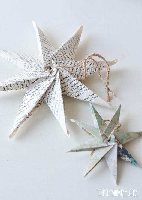 DIY Christmas Ornament: Book Page or Map Paper Star | The DIY Mommy Vintage Inspired Christmas Tree, Diy Christmas Paper, Diy Christmas Star, Diy Mommy, Homemade Books, Map Paper, Paper Christmas Ornaments, Star Ornaments, Paper Christmas Decorations