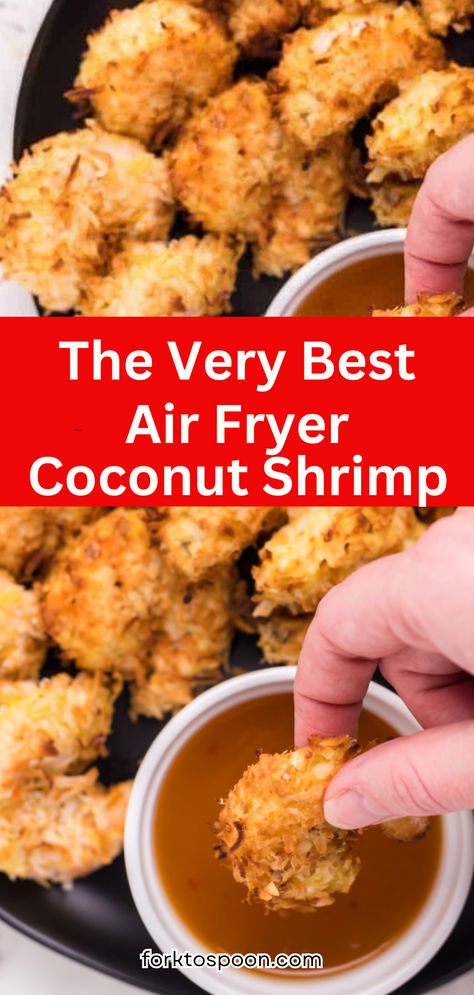 This air fryer coconut shrimp recipe is a simple and crispy appetizer featuring plump, juicy shrimp coated in crunchy panko and shredded coconut. Air Fry Coconut Shrimp, Coconut Panko Shrimp, Crispy Air Fryer Shrimp Recipes, Coconut Shrimp Recipe Air Fryer, Panko Shrimp Air Fryer, Airfry Shrimp Recipes, Airfryer Shrimp Recipes, Shrimp Recipes Air Fryer, Shrimp Air Fryer Recipes