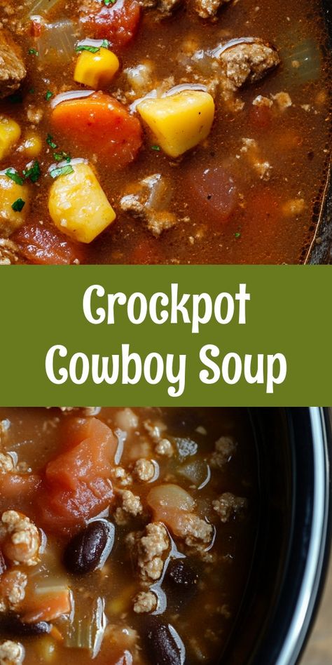 As the aroma of the Cowboy Soup filled the kitchen, my kids eagerly gathered around, their anticipation warming my heart. After a long week, sharing this hearty meal together with my partner reminded us of our cozy family traditions. Cozy Crockpot Soup, Cowboy Soup Recipe Crock Pot, Crockpot Recipes Soups And Stews, Hobo Soup Recipes, Ground Beef Crockpot Soup Recipes, Easy Cowboy Soup, Dump Soups In A Crock Pot, Cold Weather Recipes Crock Pot, Crock Pot Cowboy Soup