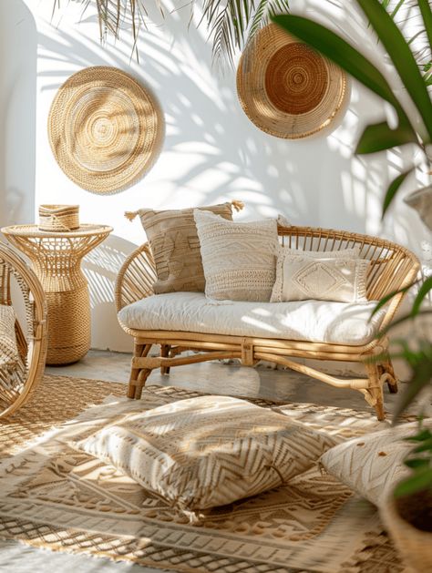 Boho Look on a Budget: Rustic-Inspired Decor Featuring Wood, Rattan, and Bamboo Bedroom Guide, Boho Bedroom Design, Bamboo Decor, Curtains Living, French Doors Interior, Wallpaper Walls Decor, Rug Inspiration, Living Room Windows, Beautiful Living Rooms