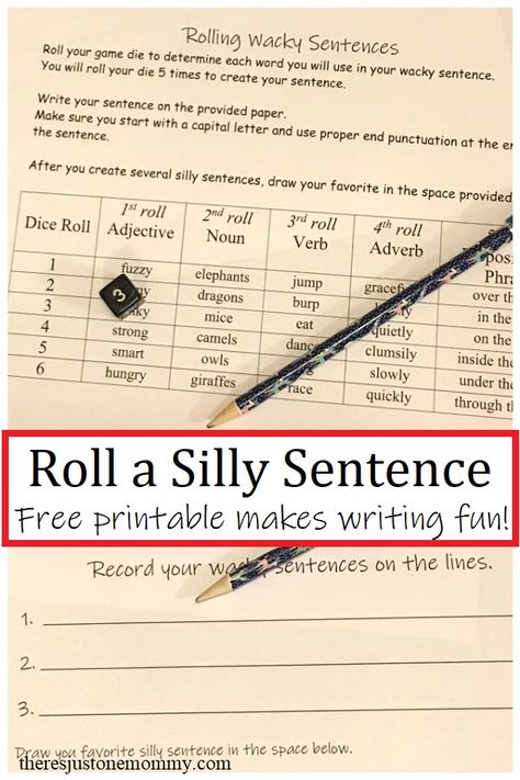 This silly sentence printable activity is perfect for teaching kids to expand sentences. It would also be a fun Wacky Wednesday activity for Dr. Seuss week. Roll A Silly Sentence, Fun Sentence Writing Activities, Fun Writing Activities For Kids, Precision Teaching, Sentence Structure Activities, Expanding Sentences, Sentence Writing Activities, Kids Writing Activities, Literature Festival