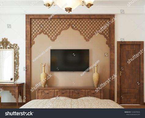 Traditional Tv Unit Design, Wooden Wall Tv, Interior Design Guidelines, Wall Tv Stand, Living Room Indian, Wooden Tv Unit, Dads Room, Arabic Style, Tv Wall Decor