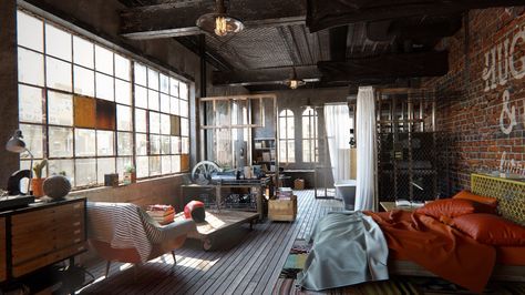 Loft Living Room Design, Loft Style Living Room, Loft Living Space, New Yorker Loft, Loft Style Living, Industrial Style Bedroom, Industrial Bedroom Design, Nyc Loft, Sophisticated Bedroom