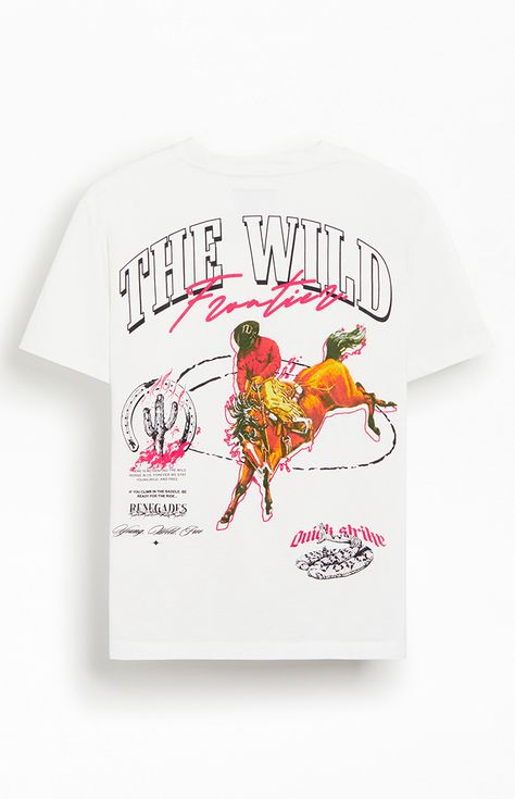 Explore in style with the Wild Frontier Oversized T-Shirt, featuring a crew neckline, short sleeves, and a oversized fit. This shirt boasts eye-catching graphics on the left chest and back, perfect for any adventure.   	Crew neckline 	Short sleeves 	Oversized fit 	Left chest & back graphics 	Machine washable Represent Thoroughbred T Shirt, Deus Ex Machina Tshirt, Alien Tshirt Design, Life Of Pablo Merch, Minimal Tshirt Design, Minimal Tshirt, Alien Tshirt, Buffalo Shirt, Country Tees