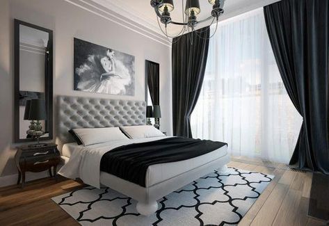 The bedroom, although is a space for you alone should also look as good as the living room. It is your own private space. And decorating this space Black And White Bedroom, Black White Bedrooms, White Bedroom Design, White Bedroom Decor, Bedroom Organization, Black Bedroom, Modern Bedroom Decor, Bedroom Black, Black Curtains