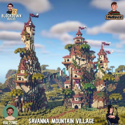 Minecraft Mountain Village Ideas, Blockdown Builds, Minecraft Savanna Village, Minecraft Mountain Village, Minecraft Savanna House, Minecraft Mountain Castle, Minecraft Mountain House, Minecraft Mountain, Minecraft City Buildings