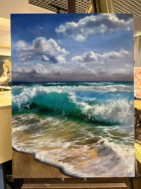 Oil Wave Painting, Sea Waves Painting Acrylic, Oil Painting Seascape, Painting Ideas On Canvas Ocean, Beach Wave Painting, Beach Waves Painting, Sea Painting Acrylic, Beach Paintings On Canvas, Acrylic Ocean Painting