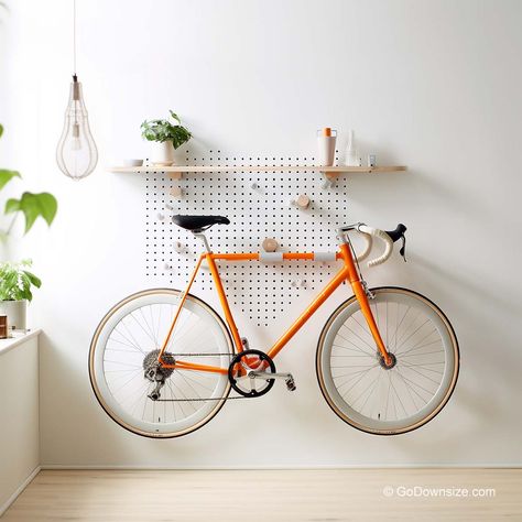 11 Indoor Bike Storage Ideas You’ll Love (Small Spaces) Bike Rack Apartment, Indoor Bike Rack Apartments, Ceiling Bike Storage, Small Space Bike Storage, Indoor Bike Storage Small Spaces, Bike Living Room, Bicycle On Wall, Small Apartment Bike Storage, Bike Decorating Ideas