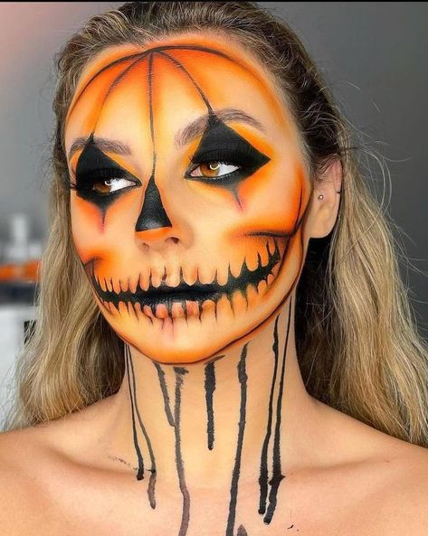 Halloween Pumkin Makeup Looks, Pumpkin Make Up Halloween, Jackolantern Makeup, Pumpkin Face Makeup, Pumpkin Makeup Ideas, Scary Face Paint, Maquillaje Simple, Pumpkin Makeup, Pumpkin Face Paint