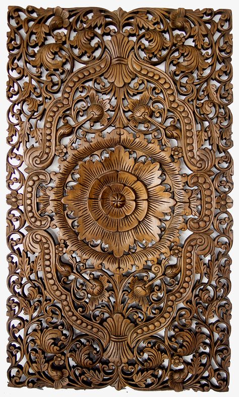 Teak Wood Wall Decor, Dojo Design, Wood Art Panels, Wood Bed Design, Carved Wood Wall Art, Entrance Door Design, Asian Home Decor, Carved Furniture, Wooden Panel