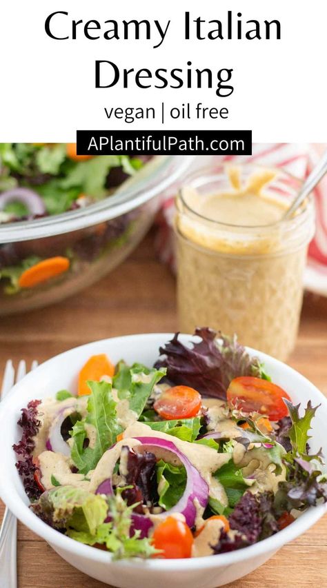 This Vegan Creamy Italian Dressing is dairy free, oil free, and absolutely delicious! Enjoy it on your green salads, your sandwiches, and in your pasta salads. It's so quick, easy, and tasty, you'll want to make it all the time! Vegan Italian Dressing, Creamy Italian Dressing, Vegan Salad Dressing Recipes, Oil Free Salad Dressing, Green Salads, Delicious Salad Dressings, Oil Free Vegan Recipes, Vegan Salad Dressing, Pasta Salad Dressing