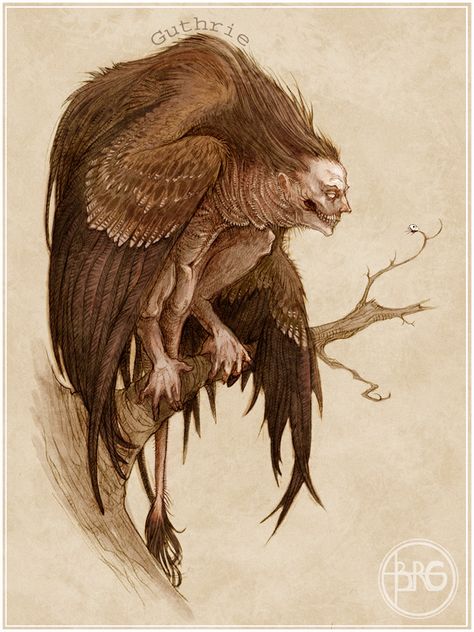 Well, it's not exactly a harpy since it has a more masculine face and harpies are always portrayed,as far as I've seen, as a hybrid of women and bird fe... The Harpy Fantasy Magic, 다크 판타지, Green Goblin, Monster Concept Art, Fantasy Monster, Mythical Creatures Art, Mythological Creatures, Monster Design, Creature Concept Art