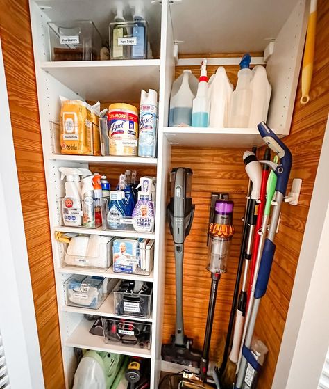 IT'S ORGANIZED | Utilizing Spaces for Utility! The custom closet buildout of this unused space allowed us to create the perfect #cleaning storage zone for… | Instagram Utility Closet Pantry, Under Stairs Cleaning Storage, Hallway Cleaning Closet, Hall Utility Closet Organization, Coat Closet To Utility Closet, Organisation, Vacuum Storage Closet, Mop Closet Organization, Storage For Vacuum And Mop