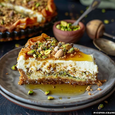 Honey Pistachio Baklava Cheesecake! Pistachio Basque Cheesecake, Pistachio Walnut Cheesecake, Pistachio Dessert Recipes, Honey Baklava Cheesecake, Honey Pistachio Cheesecake, Baklava Cheesecake Recipe, Baklava Pistachio Cheesecake, Pistachio Baklava Cheesecake, Baklava Recipe Pistachio