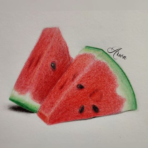 Vegetable Pencil Drawing, Drawing Watermelon, Vegetables Drawing, Watermelon Drawing, Vegetable Drawing, Dotted Drawings, Color Pencil Sketch, Watermelon Art, Color Drawing Art