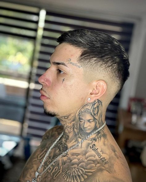 Owl Side Neck Tattoo, Chicano Neck Tattoos, Neck And Throat Tattoos Men, Hood Neck Tattoo For Guys, Neck Tats, Front Neck Tattoo, Side Neck Tattoo, Throat Tattoo, God Tattoos