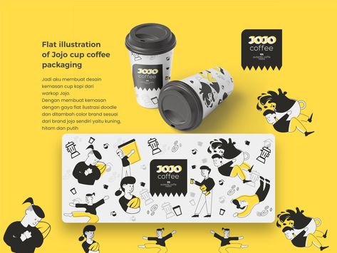 Jojo cup coffee packaging by DItz on Dribbble Doodle Packaging Design, Coffee Cup Illustration Design, Black And White Packaging Design, Black And Yellow Branding, Yellow Packaging Design, Coffee Cup Packaging Design, Cup Coffee Design, Doodle Packaging, Coffee Illustration Design