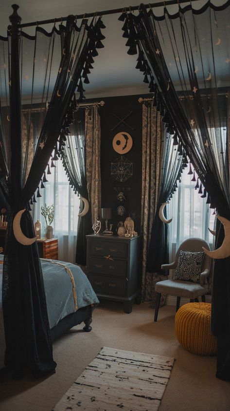 Turn your bedroom into a magical sanctuary with our witchy bedroom ideas. Discover decor tips to cast a stylish spell. Witchy Bedroom Ideas, Witchy Bedroom, Dream Bedroom Inspiration, Dark Elegance, Dark Home Decor, Goth Home, Goth Home Decor, Dark Home, Witchy Decor