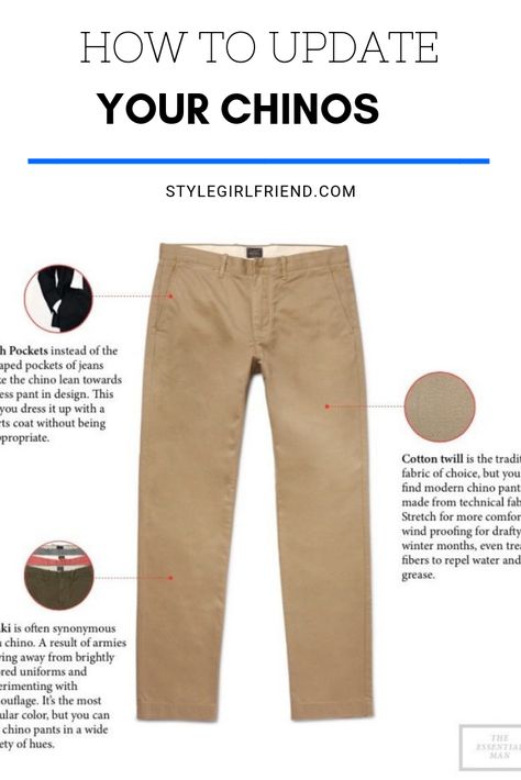 Check out how to update your old chinos! Mens Chinos Outfit, Men Chinos, Menswear Essentials, Chinos Men Outfit, Dinner Attire, Wardrobe Color Guide, Chinos Men, Mens Wardrobe Essentials, Dapper Outfit