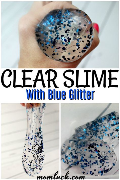 How to make clear glue slime. This easy slime recipe make crystal clear slime with blue glitter. #slime #clearslime #clearglueslime #howtomakeslime #glitterslime Make Your Own Slime Party, Easy Clear Slime Recipe, Slime Recipe Clear Glue, Slime With Clear Glue, Clear Glue Slime Recipe, Slime With Glitter Glue, Slime Recipe Clear, Glitter Slime Diy, Glitter Slime Recipe