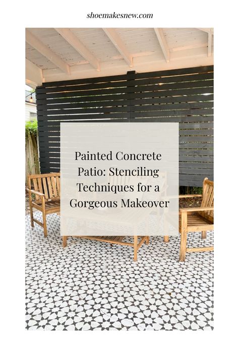 Painted concrete patio: Stenciling techniques for a gorgeous makeover. How To Make A Concrete Patio, Stencil Front Porch Concrete, How To Stencil Concrete Patio, Patio Painted Concrete, Concrete Stencil Outdoor, Painting Concrete Patio, Painted Concrete Patio, Painted Cement Floors, Painting Linoleum Floors