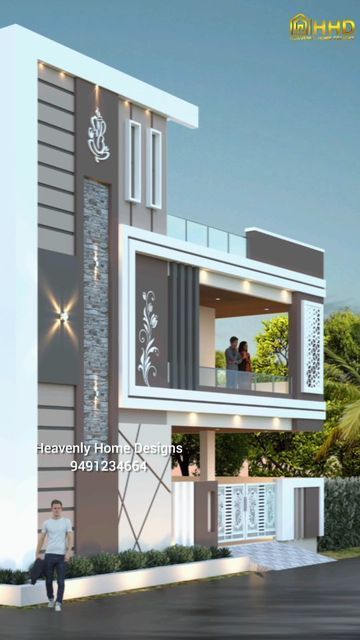 Staircase Design Exterior Elevation, Elevation Ideas Architecture, G+1 Corner Elevation Design Modern, Elevation Glass Design For Home, East Facing House Elevation G+1, South Facing House Elevation Design, Door Elevation, Staircase Interior, Front Building Design