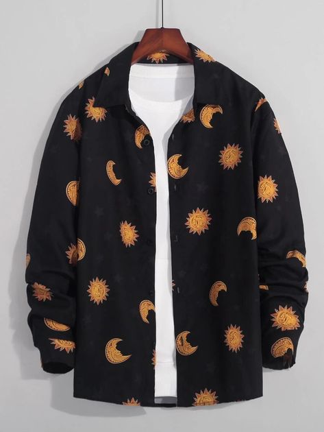 Men 1pc Sun & Moon Print Shirt | SHEIN USA Star Themed Outfits Men, Sun Outfits Men, Sun Clothes Aesthetic, Moon Inspired Outfits Male, Sun Themed Outfits Male, Aesthetic T Shirts Men, Sun Aesthetic Clothes, Men Couture, Sun Outfits