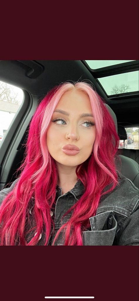 Pink Hair With Light Pink Money Piece, Dark Pink Hair With Blonde Money Piece, Magenta Balayage Hair, Pink With Blonde Money Piece, Magenta And Light Pink Hair, Pop Of Colour Hair, Rose Gold Hair With Blonde Highlights, Pink Hair With Light Pink Front Pieces, Colored Hair Pale Skin