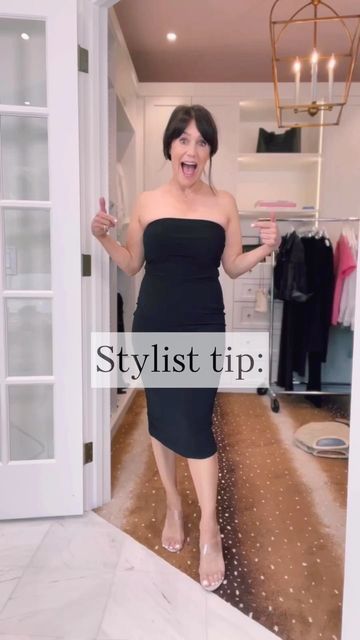 Susie Wright • So Susie on Instagram: "STYLIST TIP: This LBD is worth every penny!! For $125, it’s one you can style so many different ways!! Start with a go-with-everything shoe … then add anything you want on top! All outfit details can be found on www.sosusiewright.com under the Reels Outfits tab OR on my @shop.ltk page! WEARING: ✔️Zara pink shirt ✔️Rag & Bone denim jacket ✔️Reiss blazer ✔️Blank NYC tan jacket ✔️Veronica Beard blazer ✔️Reiss leather jacket #veronicabeard #lbd #normaka Styling A Tube Dress, Black Tube Top Dress Outfit, Strapless Dress With Blazer, Tube Dress With Blazer, Black Dress With Jacket Outfit, Bar Mitzvah Outfit Women, Veronica Beard Blazer Outfit, Black Dress And Blazer Outfit, Tube Dress Outfit Classy