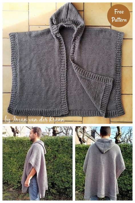 Hooded Ruana Free Crochet Pattern Men’s Crochet Poncho, Crochet Robe Pattern Free, Hooded Poncho Crochet Pattern Free, Crochet Ruana Pattern Free, Hooded Poncho Pattern, Cape Au Crochet, Ruana Pattern, Crochet Cape Pattern, Mens Poncho