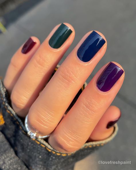 Vampy jewel tones for fall 🍂 But if I’m being honest, these are my favorite types of colors to wear year-round. 😮‍💨 On my nails: The… | Instagram Dark Purple And Blue Nails, Deep Nail Colors, Jewel Tone Nails Fall, Jewel Tone Nail Colors, Blue And Maroon Nails, Square Autumn Nails, Jewel Toned Nails, Cool Toned Nails, Cool Tone Nails