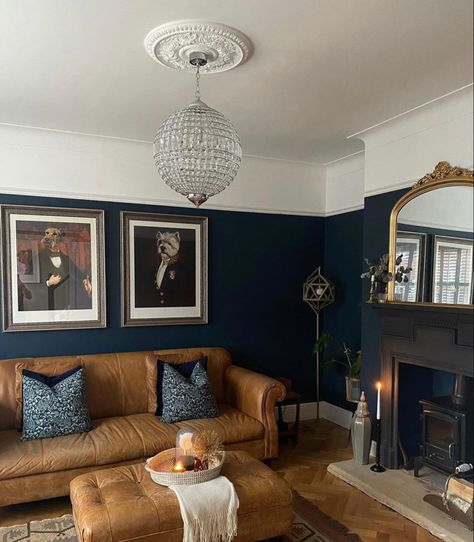 Petrol Blue Living Room, Cosy Cottage Living Room, Quirky Living Room, Dining Room London, Victorian House Interiors, Navy Living Rooms, Victorian Living Room, Velvet Footstool, Dark Living Rooms