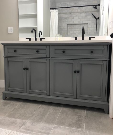 Farmhouse Gray Vanity With Matte Black Jacuzzi Hardware Black Jacuzzi, Black Hardware Bathroom, Grey Bathroom Floor, Grey Bathroom Cabinets, Farmhouse Gray, Dark Gray Bathroom, Bathroom Vanity Designs, Grey Bathroom Vanity, Gray Vanity