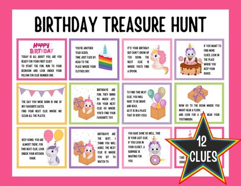 https://www.etsy.com/au/listing/1399595109/unicorn-birthday-scavenger-hunt-for-kids?ref=listings_manager_grid Birthday Treasure Hunt Clues, Birthday Treasure Hunt, Birthday Scavenger Hunt, Birthday Games For Kids, Indoor Birthday, Scavenger Hunt Birthday, Treasure Hunt Clues, Scavenger Hunt Clues, Printable Games For Kids