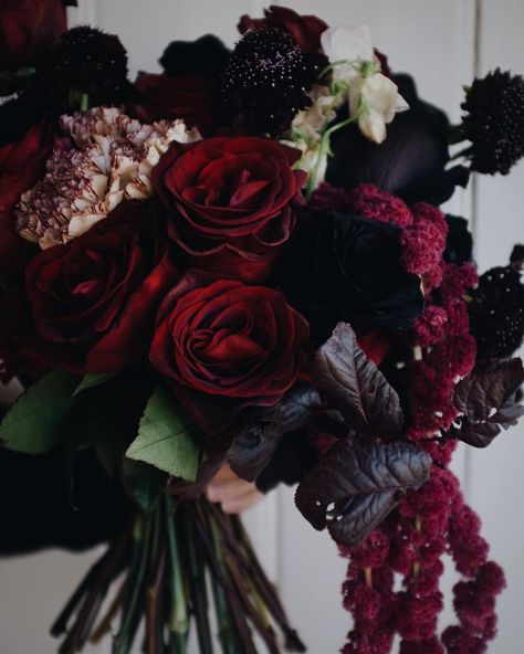 Moody Bridal Bouquet, Bouquets Ideas, Witch Wedding, Holly Wedding, Flower Wedding Bouquet, Marsala Wedding, Goth Wedding, Dark Wedding, Dark And Moody