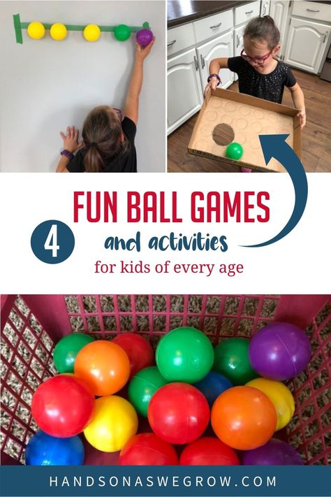 4 super fun and simple games and gross motor activities for kids of any age you can DIY at home using ball pit balls and other supplies you already have! Gross Motor Activities With Balls, Ball Preschool Crafts, Prek Ball Study, Ball Curriculum For Preschool, Prek Balls Unit, Preschool Balls Activities, Preschool Ball Games, Preschool Activities With Balls, Ball Activities For Babies