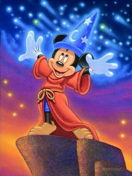 Magical Mickey Wizard Mickey Mouse, Painting Characters, Disneyland Art, Sorcerers Apprentice, Mickey Mouse Wall, Anna Victoria, Sorcerer Mickey, Disney Paintings, Disney Fine Art