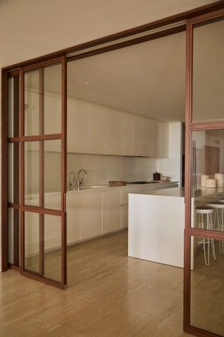 Zara Home Sofa, Kitchen Glass Door Design, Kitchen Sliding Doors, Concrete Stool, Housing Ideas, Misha Nonoo, Travertine Floors, Miami Houses, Sliding Glass Doors