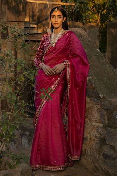 Marodi Work, Punit Balana, Maroon Saree, Designer Sarees Wedding, Bridal Lehenga Collection, Velvet Blouse, Organza Blouse, Saree Designs Party Wear, Saree Silk