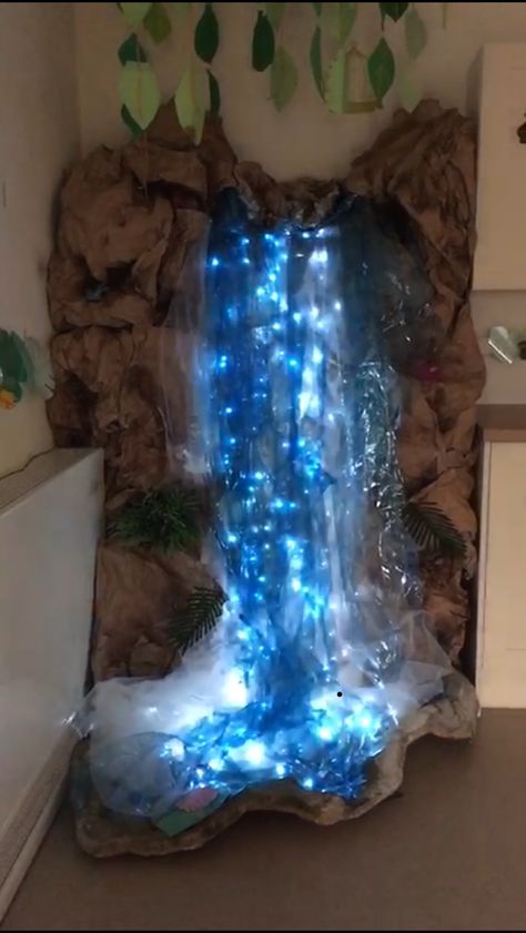 Cardboard Waterfall, Cardboard Forest Diy, Diy Volcano Stage Prop, How To Make A Cave Out Of Paper, Paper Mache Waterfall, Garden Displays, Night Garden, Victoria Falls, Christmas Garden