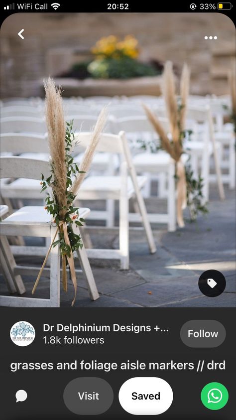 Pampas Grass Down The Aisle, Boho Aisle Markers, Pampas Grass Pew Ends, Pampas Wedding Aisle Decor, Boho Aisle Flowers, Boho Ceremony Aisle, Boho Pew Decorations Wedding, Simple Boho Wedding Aisle Decor, End Of Isle Decorations Wedding