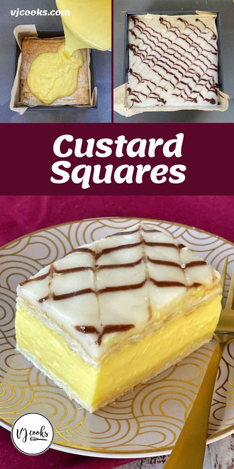 Delightful custard squares made from sheets of puffy pastry filled with a homemade custard then topped with white icing. This nostalgic recipe will transport you right back to childhood bakery visits, or afternoon teas with grandparents. The homemade custard is made from custard powder, sugar, vanilla essence, milk, egg and butter. This impressive looking slice is super easy to make. #vjcooks #custardslice #custard Custard Slices Recipe, Bake Custard Recipe, Cream Slice Recipe, Powdered Custard Recipes, Easy Vanilla Slice, Custard Squares Recipe, Custard Slice Recipe South Africa, Custard Slices With Puff Pastry, Vanilla Slice Recipe Easy